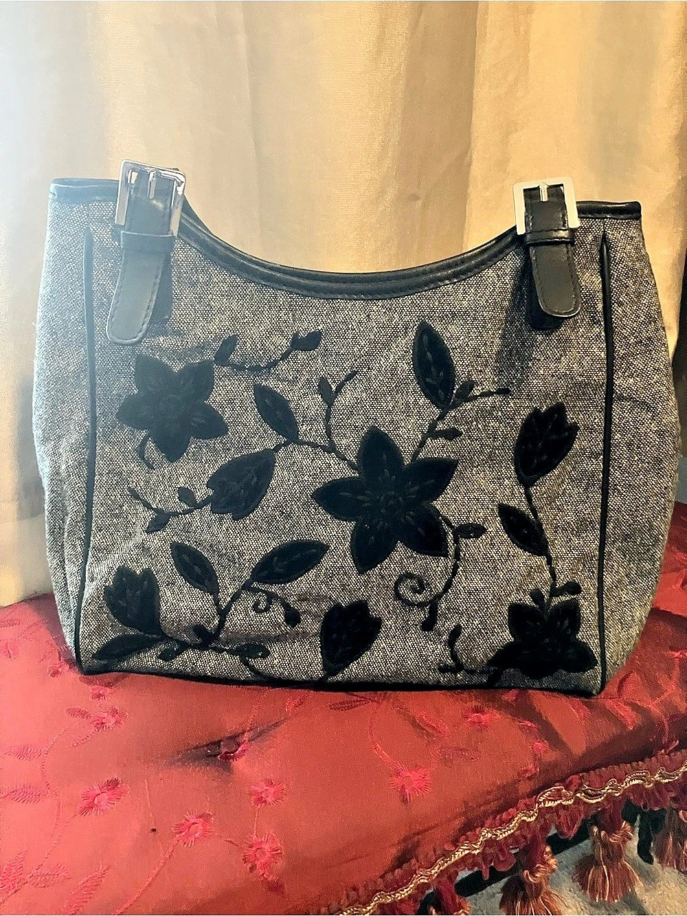 Talbots Floral Embroidered shoulder bag in Gray & Black